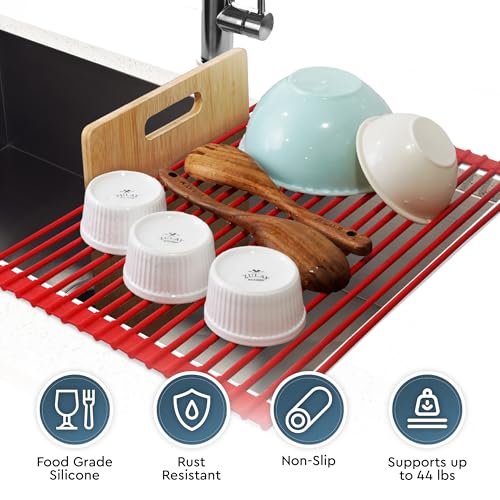 Zulay Kitchen Large Roll Up Dish Drying Rack - Heavy Duty Silicone Wrapped Steel Rods Over Sink Dish Drying Rack - Versatile Roll Up Sink Drying Rack & Trivet - Red,20.5 inches x 13 inches - color: Scarlet Red