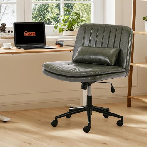 URRED Criss Cross Office Chair, Cross Legged Office Seat with Wheels Armless Swivel Vanity Chair, Height Adjustable Wide Computer Task Seating for Home Office (Dark Green) - color: Dark Green