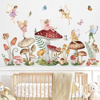 wondever Woodland Mushroom Wall Decals Fairy Butterfly Forest Peel and Stick Wall Art Stickers for Girls Bedroom Baby Nursery Living Room