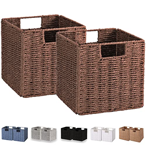Wicker Storage Basket, Set of 2 Hand-Woven Storage Baskets for Shelves, Foldable Cube Storage Baskets Bins with Handles, 9 inch Small Wicker Baskets for Organizing Pantry Bedroom, Brown - color: Brown, size: 9'' x 9'' x 9''