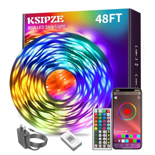 KSIPZE Led Lights for Bedroom 48ft Led Strip Lights with Remote RGB Color Changing Music Sync Bluetooth Smart App Control for Room Bedroom Lighting Flexible Home Décor - size: 48ft