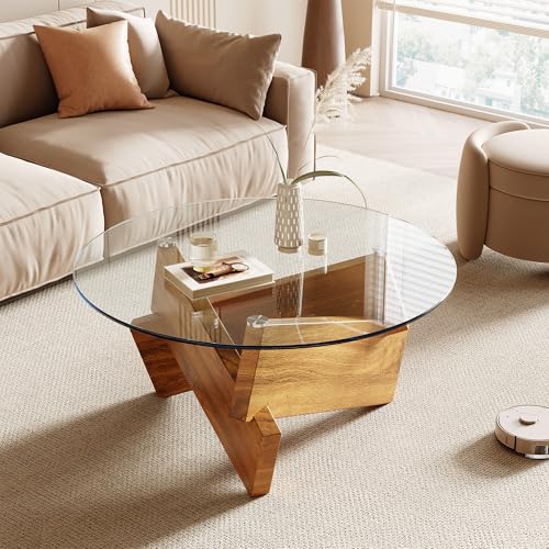 Honyee Modern Round Coffee Table, 30.7" x 30.7" x 16.1" Tempered Glass Top for Living Room, Color: Natural Wood - color: Natural Wood