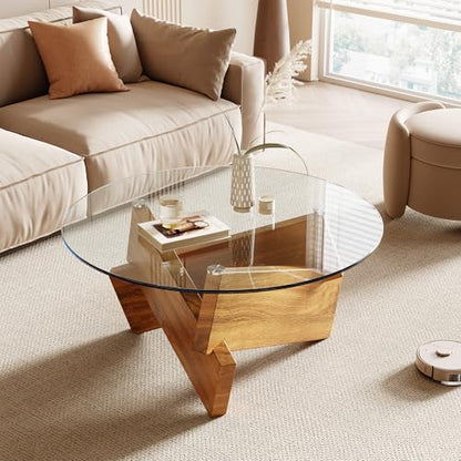 Honyee Modern Round Coffee Table, 30.7" x 30.7" x 16.1" Tempered Glass Top for Living Room, Color: Natural Wood - color: Natural Wood