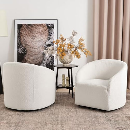 KINWELL 32" Wide Modern Boucle Swivel Barrel Chairs Set of 2, No Assembly Round Upholstered Swivel Accent Armchairs for Living Room, Bedroom (White) - color: White, style: Set of 2