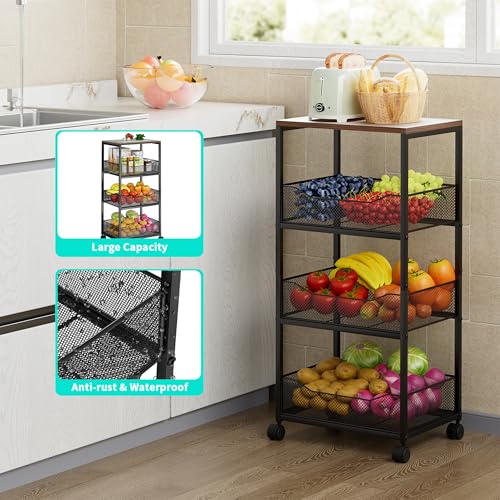 HapiRm Fruit Basket Kitchen Cart - 4-Tier Rolling Storage Cart with Wheels, Fruit Vegetable Basket with Wood Top, Pantry Utility Kitchen Organizer for Fruit Potato Onion Vegetable Bread Snack - color: Black