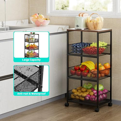 HapiRm Fruit Basket Kitchen Cart - 4-Tier Rolling Storage Cart with Wheels, Fruit Vegetable Basket with Wood Top, Pantry Utility Kitchen Organizer for Fruit Potato Onion Vegetable Bread Snack - color: Black
