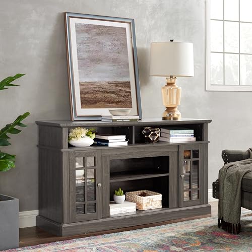 Dark Walnut TV Stand 58 in with Glass Doors, Wood Entertainment Center for TVs up to 65 inch, Tall Media Console with Adjustable Shelves and Cable Management for Living Room, Black Accents - color: Black + Dark Walnut