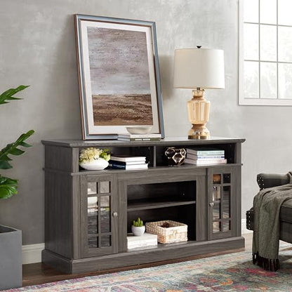 Dark Walnut TV Stand 58 in with Glass Doors, Wood Entertainment Center for TVs up to 65 inch, Tall Media Console with Adjustable Shelves and Cable Management for Living Room, Black Accents - color: Black + Dark Walnut