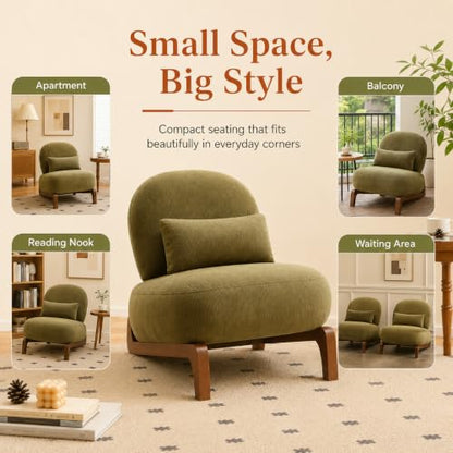 Modern Velvet Armless Accent Chair with Solid Wood Legs, Upholstered Single Lounge Chair, Comfy Reading Chair for Living Room, Bedroom & Reading Nook (Green + Fabric, 2 Pack, Solid Wood) - color: Green + Fabric, size: 2 Pack