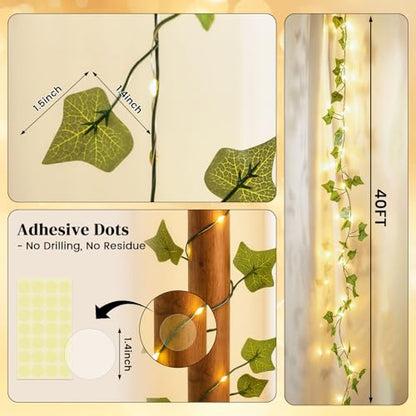DomeStar 40 FT 120 LED Fairy Lights with Vines, Vines with Light, Curtain | Bedroom, String Lights with Remote for Dorm, Wedding, Party, Wall, Indoor, Outdoor Holiday Home Decor - style: 40Ft-120LED-lvy