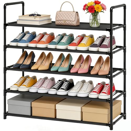 5 Tier Tall Shoe Rack Large Capacity, 34.5" Wide Entryway Shoe Organizer, Stackable Metal Frame Waterproof Nonwoven Shelves, Holds 20-25 Pairs, Space Saving Storage for Closet Hallway Garage, Black - size: 5-Tier(34.5"W)