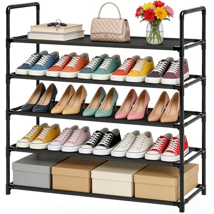 5 Tier Tall Shoe Rack Large Capacity, 34.5" Wide Entryway Shoe Organizer, Stackable Metal Frame Waterproof Nonwoven Shelves, Holds 20-25 Pairs, Space Saving Storage for Closet Hallway Garage, Black - size: 5-Tier(34.5"W)