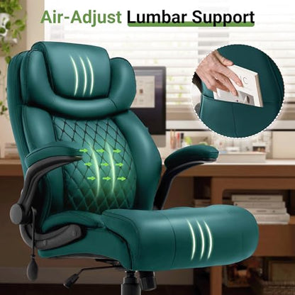 Office Chair, Big and Tall Executive Chair with Air-Lumbar Support, Breathable Desk Computer Chair with Adjustable Flip-up Armrests, Wide Cushion Seat Swivel Home Office Chair - color: Green