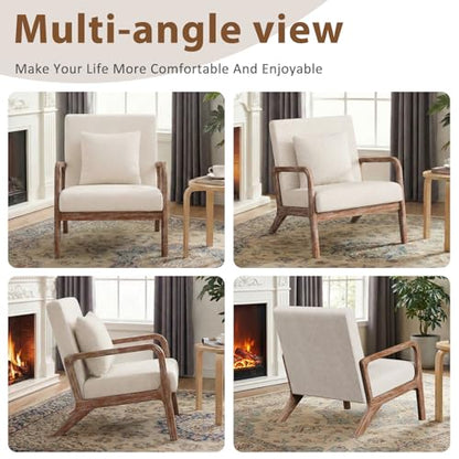 Mid Century Accent Chair with Solid Oak Frame Set of 2, Beige | Upholstered Lumbar Pillow Lounge Chair Linen Fabric Cozy Leisure Chair Walnut Living Room Chair for Bedroom Waiting Room - color: Weathered Oak - Beige Fabric, style: 2 PCS