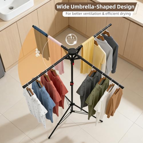 Clothes Drying Rack Foldable, Adjustable Height with Fold Button | Stable Tripod Base, Rust-Resistant, Quick Fold Button, Independent Rod Adjustment, Fits 90°/180°/270° Corners