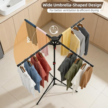 Clothes Drying Rack Foldable, Adjustable Height with Fold Button | Stable Tripod Base, Rust-Resistant, Quick Fold Button, Independent Rod Adjustment, Fits 90°/180°/270° Corners