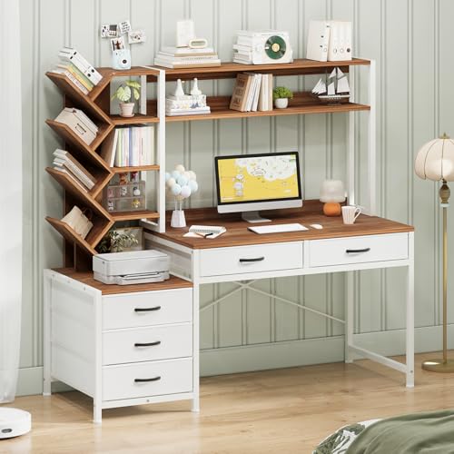 52" Computer Desk with Bookshelf, 5 Drawers ＆ Hutch for Bedroom | Office Desk with Printer Shelf, Study Writing Desk with Storage Shelves, Brown and White - color: Brown and White