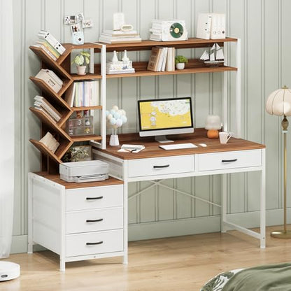 52" Computer Desk with Bookshelf, 5 Drawers ＆ Hutch for Bedroom | Office Desk with Printer Shelf, Study Writing Desk with Storage Shelves, Brown and White - color: Brown and White