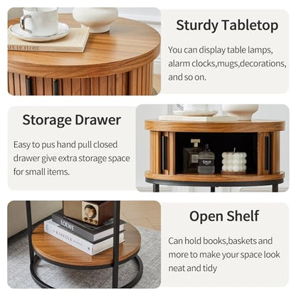 Turtle&Myrtle Small Round Side Table with Storage, 2-Tier Wooden End Table with Sliding Door and Shelf, Mid-Century Circle Nightstand for Living Room, Bedroom, Walnut - style: Mid-Century Modern