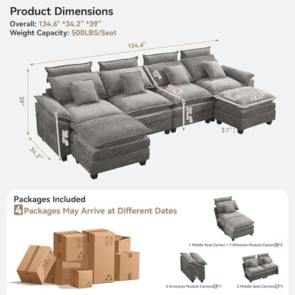 134'' Cloud Modern 4 Seater Couch with Detachable Headrest, Modular Sectional Sofa with 2 Ottoman, Oversized U Shape Chenille Comfy Sofa with Armrests for Living Room, Light Grey - color: Light Grey, size: U Shaped Couch