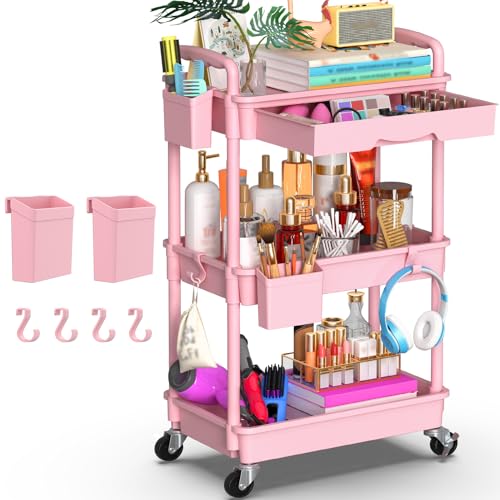 Goovilla 3 Tier Rolling Utility Cart Organizer with Removable Drawer, Pink | Stable and Sturdy Rolling Storage Carts with 2 Lockable Wheels for Bathroom, Kitchen, Snack, Craft, Makeup, Baby Essentials - size: 3 Tier, style: Pink