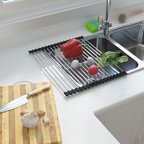 Expandable Roll Up Dish Drying Rack Over The Sink Rack, Foldable Dish Drainer Rack Stainless Steel for Large Sink, Silicone Rollable Collapsible Rack 18 Tube for Kitchen(Sliver,12'' to 21.14”) - color: Black+silver Expandable