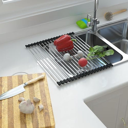 Expandable Roll Up Dish Drying Rack Over The Sink Rack, Foldable Dish Drainer Rack Stainless Steel for Large Sink, Silicone Rollable Collapsible Rack 18 Tube for Kitchen(Sliver,12'' to 21.14”) - color: Black+silver Expandable