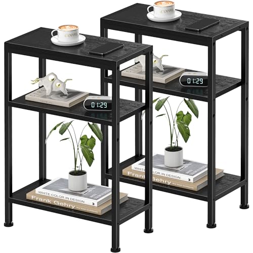 Narrow Side Table Set of 2 for Small Space, 3 Tier Slim End Table, Thin Nightstand, Skinny Snack Couch Table, Sofa Bedside Table in Living Room, Bedroom, Study, Kitchen and Balcony (Black) - color: Black, size: 3-Tier (7.9''D*17''W*26.6''H)