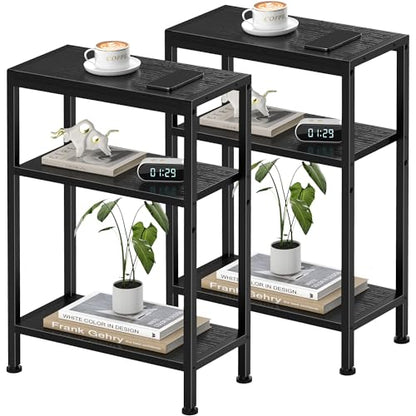 Narrow Side Table Set of 2 for Small Space, 3 Tier Slim End Table, Thin Nightstand, Skinny Snack Couch Table, Sofa Bedside Table in Living Room, Bedroom, Study, Kitchen and Balcony (Black) - color: Black, size: 3-Tier (7.9''D*17''W*26.6''H)