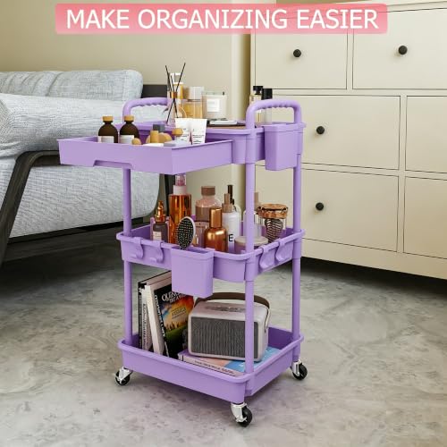REBECAT 3 Tier Rolling Cart with Drawer, Utility Storage Cart on Wheels for Kitchen, Bathroom, Living Room,Office(Purple) - color: Purple