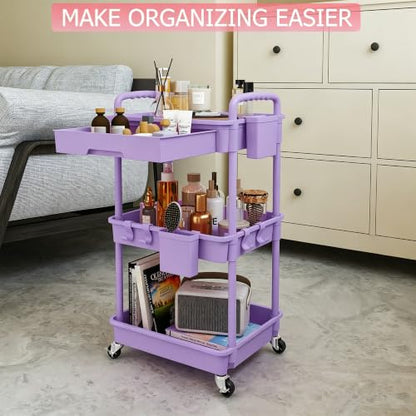 REBECAT 3 Tier Rolling Cart with Drawer, Utility Storage Cart on Wheels for Kitchen, Bathroom, Living Room,Office(Purple) - color: Purple