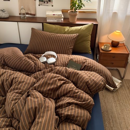 Striped Duvet Cover Full Size Brown Stripes Geometric Bedding Set 3 Pieces Retro Vertical Stripe Soft Lightweight Microfiber Comforter Cover Set with Zipper Closure and 2 Pillowcases - color: Brown, size: Full (1 Duvet Cover + 2 Pillowcases)