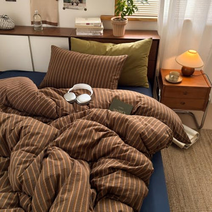 Striped Duvet Cover King Size Brown Stripes Bedding Set 3 Pieces Retro Vertical Stripe Soft Lightweight Microfiber Comforter Cover Set with Zipper Closure and 2 Pillowcases - color: Brown, size: King(1 Duvet Cover + 2 Pillowcases)