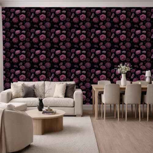 Dark Floral Peony Peel and Stick Wallpaper 17.7in x 354in | Self adhesive removable renter friendly gothic vintage thick vinyl, waterproof purple flowers - color: Deep Purple, size: 17.7" x 354"