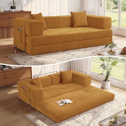 MoonSpeak 78.8'' Futon Sofa Bed, Boneless Couches for Living Room | Corduroy Convertible Futon Sofa Bed with Storage Pocket, Modular Sleeper Couch in a Box, No Assembly (Yellow) - color: Yellow, size: 78.8inch