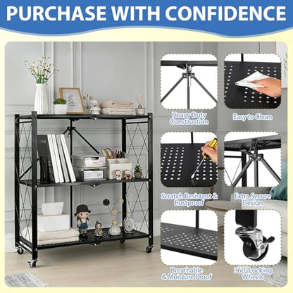3-Tier Foldable Storage Shelf with Wheels, Metal Collapsible Shelving Unit, Rolling Utility Cart for Kitchen Pantry Closet Office, Pre-Assembled Storage Rack Organizer - size: 3-Tier