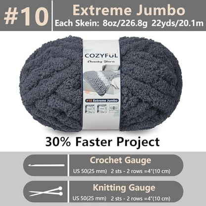 Cozyful Chunky Yarn for Hand Knitting - #10 Chunky Chenille Yarn, Jumbo Big Thick Chunky Yarns for Crocheting, Super Bulky Chunky Knit Blanket Yarns, 8 Skein (22 yds 8 oz Each Skein), Charcoal Grey - color: Charcoal Grey