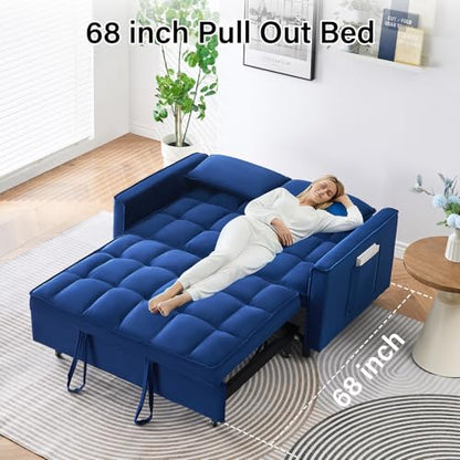 3 in 1 Convertible Sleeper Sofa Bed, Velvet Loveseat Futon Pull-Out Couch with Adjustable Reclining Backrest, Side Pockets and Pillows for Living Room, Bedroom, Apartment, Small Spaces (Blue-Velvet) - color: Blue-velvet