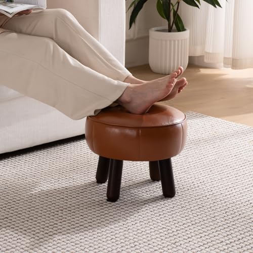 oakvivo Small Foot Stool, 13in Round Faux Leather Pouf Ottoman Foot Rest | Footstool Ottomans with Rubber Legs Under Desk, 13''L x 13''W x 10.2''H, Footrest for Couch, Living Room Bedroom, Brown - color: Brown