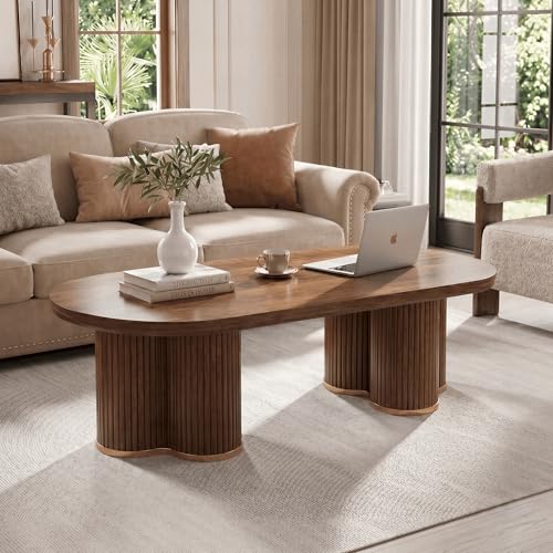 Oval Fluted Coffee Tables for Living Room, 47" Wood Coffee Table,Walnut - color: Walnut