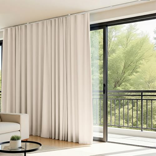 Room Divider Curtains Flexible Ceiling Tracks Set,Blackout Ceiling Track Curtain for Sliding Glass Door Living Room Bedroom,Ceilings Curtain Rod Privacy Divider Panel W120xH84 Beige Drape&White Rail - color: Curtain/Track-beige, size: 120"W x 84"L (Pack o