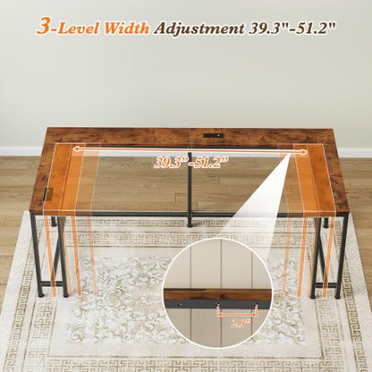 110.2" Narrow Adjustable Console Table with 2 Outlets, 39.3"-51.2" Adjustable Length U Shaped Table Behind Couch, 4 Assembly Options, Extra-Long L Shaped Entryway Tables for Living Room, - color: Rustic Brown