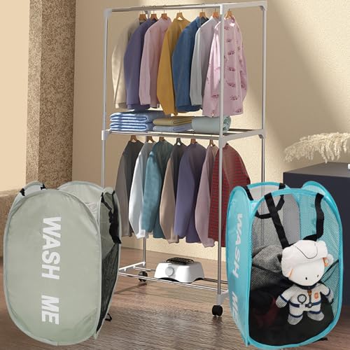 Mesh Laundry Hamper 2Pack Pop Up Hamper with Strong Handles, Collapsible Laundry Basket for Home, Bathroom, Bedroom, Travel Storage Hamper(Grey + Sky Blue) - color: Grey + Skyblue