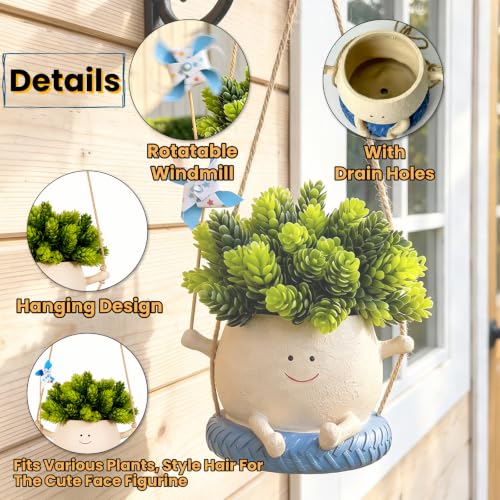 Smiley Face Hanging Planter with Spinning Windmill, 4 Inch Resin Flower Pots with Drainage Hole & Mesh Pad, Cute Succulent Planter for Small Plants, Gardening Gift, Indoor Outdoor Garden Decor