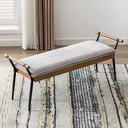 DUOMAY Modern Chenille Ottoman Bench with Arms & Metal Legs, Grey | Mid Century Rectangle Bench Footstool Dining Bench Entryway Shoe Bench For Bedroom Living Room - color: Grey