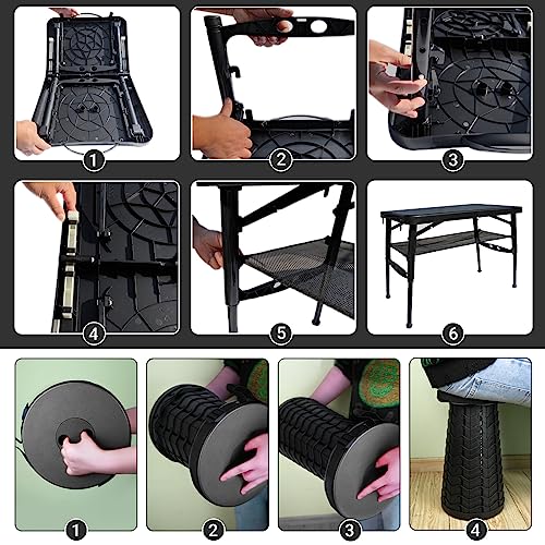 Folding Table and Stool, Small, Black, 4 Foot Outdoor Portable Table, Adjustable Height, Camping, Picnic, RV Table, 55lbs Load-Bearing, Lightweight - color: Black