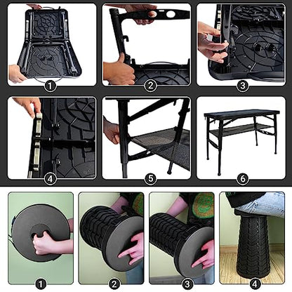 Folding Table and Stool, Small, Black, 4 Foot Outdoor Portable Table, Adjustable Height, Camping, Picnic, RV Table, 55lbs Load-Bearing, Lightweight - color: Black