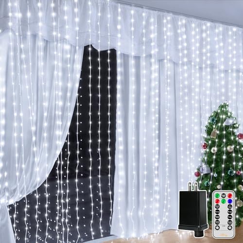 Ollny Curtain Lights 600LED 19.7ft x 9.8ft, IP67 Waterproof Outdoor Curtain Rice Lights with Remote, Plug-in Untangle Fairy Curtain Light with 8 Modes 3 Timers for Wall Backdrop Decor(Cool White) - color: Cool White, size: 19.7ft