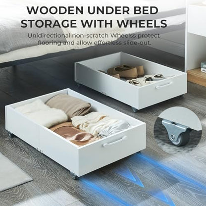 2-Pack Under Bed Storage Drawers Organizer with Wheels, White | 58L total capacity, 80 lb per Drawer, Fits 6 in Bed Clearance, Rolling Drawers for Shoes, Clothes, Linens, Toys - color: White