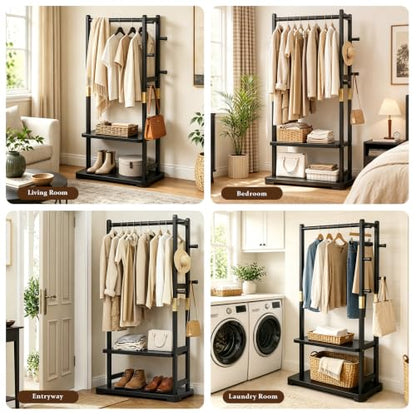 Solid Wood Clothes Rack with 2 Shelves & 4 Hooks for Hanging Clothes Garment Wallets Hats, Black Clothing Rack Heavy Duty Coat Rack Freestanding with Storage Hall Tree for Hallway Bedroom Living Room | Hallway bedroom living room, durable wood constructio
